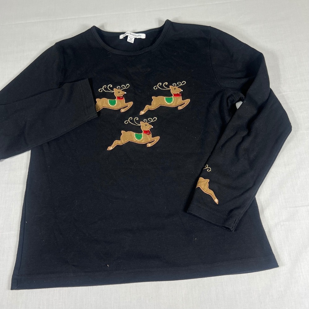 Mercer Street Studio Reindeer Holiday Top Women PM Black Long Sleeve Christmas